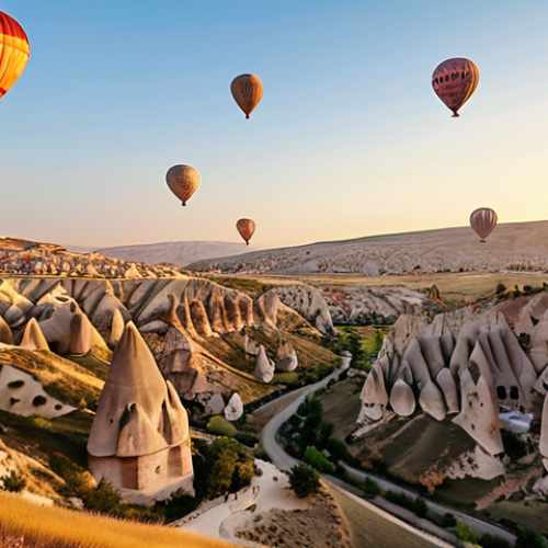**

A vibrant scene in Cappadocia, Turkey. A hot air balloon drifts over fairy chimneys at sunrise, with tourists inside experiencing the breathtaking panoramic view. Capture the feeling of awe and wonder, emphasizing the sensory richness of the moment.

**