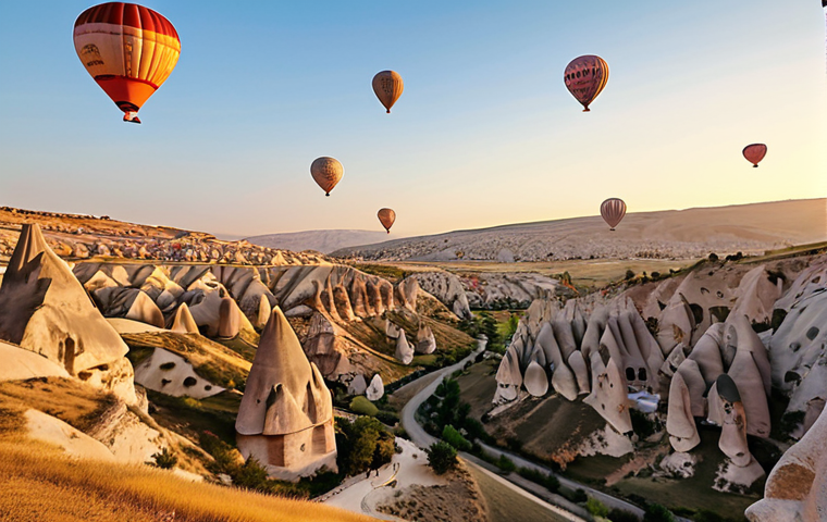 **
A vibrant scene in Cappadocia, Turkey. A hot air balloon drifts over fairy chimneys at sunrise, with tourists inside experiencing the breathtaking panoramic view. Capture the feeling of awe and wonder, emphasizing the sensory richness of the moment.
**