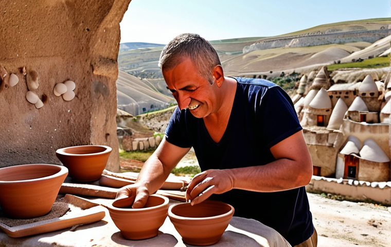 Pottery Workshop in Cappadocia**
Prompt: A traveler enthusiastically crafting a clay pot at a traditional pottery workshop in Cappadocia, Turkey. Focus on the hands-on experience and the vibrant colors of the clay and workshop setting. Background includes partially finished pottery and local artisans assisting. Capture the excitement of creating something unique.
**
