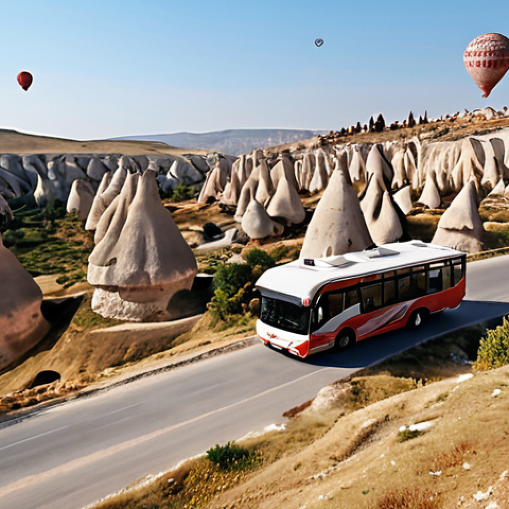 ** Comfortable package tour bus driving through Cappadocia's fairy chimneys, showcasing the ease and convenience of pre-planned travel.

**
