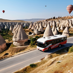 ** Comfortable package tour bus driving through Cappadocia's fairy chimneys, showcasing the ease and convenience of pre-planned travel.

**