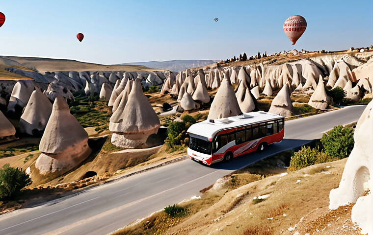 ** Comfortable package tour bus driving through Cappadocia's fairy chimneys, showcasing the ease and convenience of pre-planned travel.
**