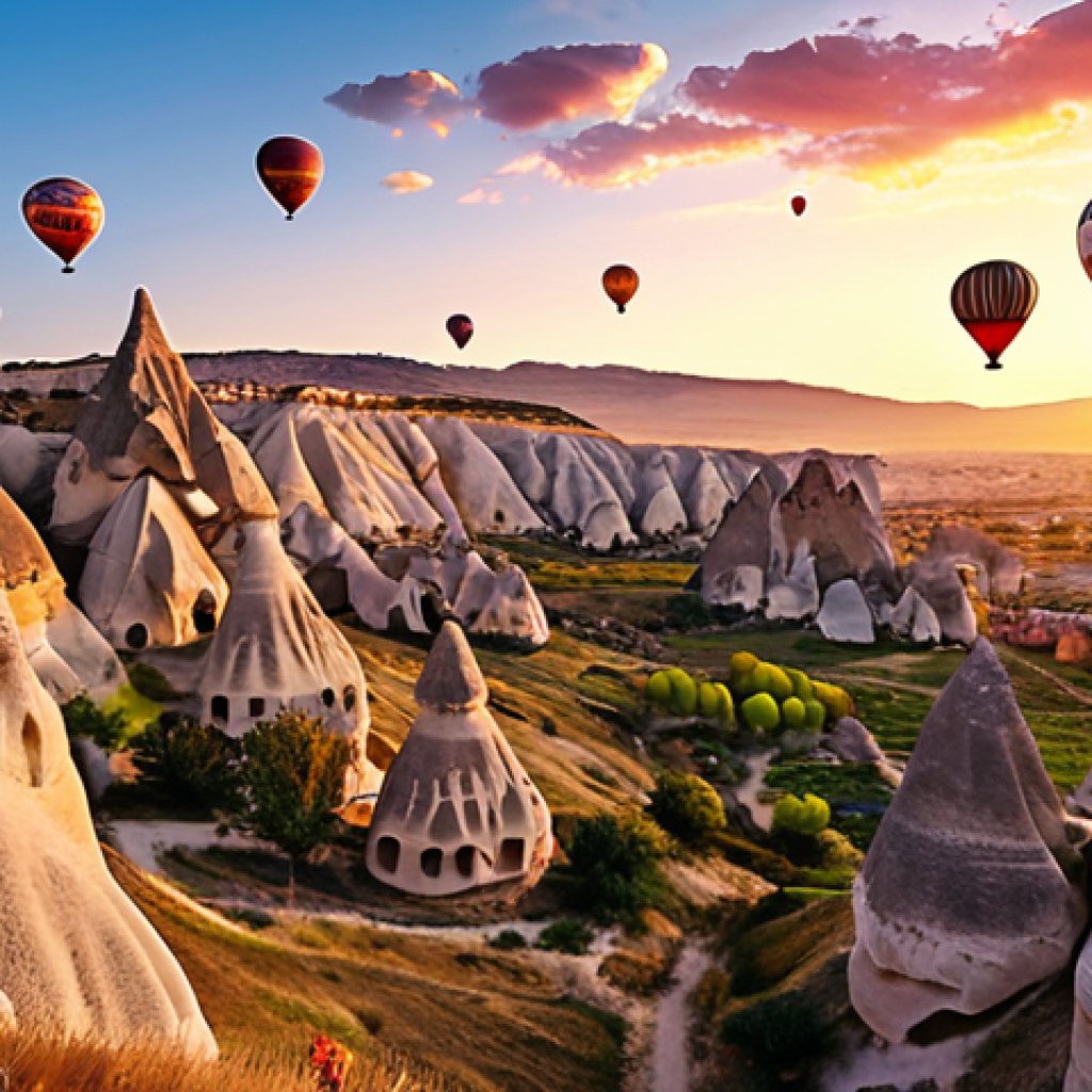 **

Prompt: "Cappadocia hot air balloons at sunrise, fairy chimneys landscape, vibrant colors, magical atmosphere."

**