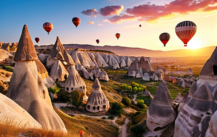 **

Prompt: "Cappadocia hot air balloons at sunrise, fairy chimneys landscape, vibrant colors, magical atmosphere."

**