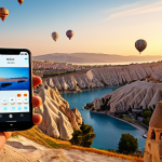 **Prompt:** A futuristic, yet warm, travel scene in Turkey. A traveler uses a sleek, AI-powered smartphone to navigate a personalized journey. In the background, elements like a blend of modern digital interfaces and iconic Turkish landscapes (e.g., hot air balloons over Cappadocia or the Bosphorus Strait at sunset) are subtly integrated. The image should convey seamless hyper-personalization, efficiency, and the excitement of discovery, hinting at the "virtual assistant in the pocket."