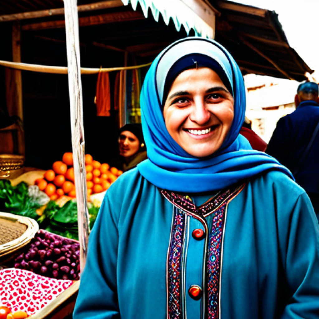 A friendly local artisan, a Turkish woman, fully clothed in modest traditional attire, stands at her vibrant stall in a bustling village market. She holds up a beautifully handmade item, smiling warmly. The market is filled with colorful textiles, fresh produce, and other local crafts. In the background, other villagers and travelers mingle. The scene is well-lit with natural daylight, capturing an authentic, community-focused atmosphere. Professional photography, high detail, realistic lighting, perfect anatomy, correct proportions, natural pose, well-formed hands, proper finger count, natural body proportions, safe for work, appropriate content, fully clothed, modest, professional dress, family-friendly.