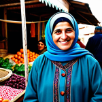 A friendly local artisan, a Turkish woman, fully clothed in modest traditional attire, stands at her vibrant stall in a bustling village market. She holds up a beautifully handmade item, smiling warmly. The market is filled with colorful textiles, fresh produce, and other local crafts. In the background, other villagers and travelers mingle. The scene is well-lit with natural daylight, capturing an authentic, community-focused atmosphere. Professional photography, high detail, realistic lighting, perfect anatomy, correct proportions, natural pose, well-formed hands, proper finger count, natural body proportions, safe for work, appropriate content, fully clothed, modest, professional dress, family-friendly.