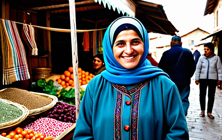 A friendly local artisan, a Turkish woman, fully clothed in modest traditional attire, stands at her vibrant stall in a bustling village market. She holds up a beautifully handmade item, smiling warmly. The market is filled with colorful textiles, fresh produce, and other local crafts. In the background, other villagers and travelers mingle. The scene is well-lit with natural daylight, capturing an authentic, community-focused atmosphere. Professional photography, high detail, realistic lighting, perfect anatomy, correct proportions, natural pose, well-formed hands, proper finger count, natural body proportions, safe for work, appropriate content, fully clothed, modest, professional dress, family-friendly.