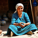 An authentic image of a middle-aged local Turkish woman, dressed in a modest, traditional patterned dress and a headscarf, engaged in crafting intricate handmade ceramic pottery. She is seated comfortably in a rustic, sunlit workshop in Cappadocia, surrounded by various stages of her pottery work and traditional tools. The background shows hints of natural rock formations typical of the region. The atmosphere is warm and inviting, showcasing cultural heritage. Professional photography, high detail, natural light, realistic, perfect anatomy, correct proportions, well-formed hands, proper finger count, natural body proportions, safe for work, appropriate content, fully clothed, modest, family-friendly.