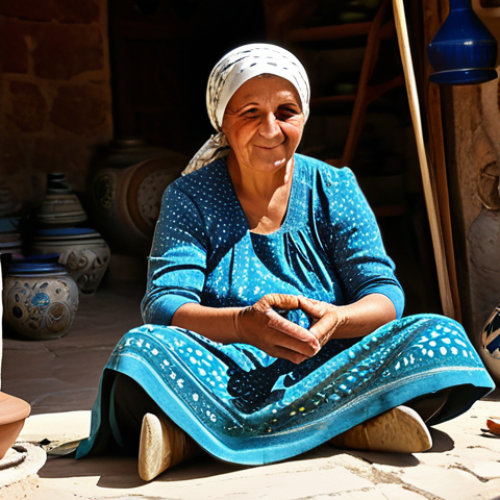 Home 25 An authentic image of a middle-aged local Turkish woman, dressed in a modest, traditional patterned dress and a headscarf, engaged in crafting intricate handmade ceramic pottery. She is seated comfortably in a rustic, sunlit workshop in Cappadocia, surrounded by various stages of her pottery work and traditional tools. The background shows hints of natural rock formations typical of the region. The atmosphere is warm and inviting, showcasing cultural heritage. Professional photography, high detail, natural light, realistic, perfect anatomy, correct proportions, well-formed hands, proper finger count, natural body proportions, safe for work, appropriate content, fully clothed, modest, family-friendly.