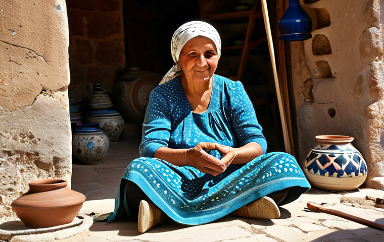 An authentic image of a middle-aged local Turkish woman, dressed in a modest, traditional patterned dress and a headscarf, engaged in crafting intricate handmade ceramic pottery. She is seated comfortably in a rustic, sunlit workshop in Cappadocia, surrounded by various stages of her pottery work and traditional tools. The background shows hints of natural rock formations typical of the region. The atmosphere is warm and inviting, showcasing cultural heritage. Professional photography, high detail, natural light, realistic, perfect anatomy, correct proportions, well-formed hands, proper finger count, natural body proportions, safe for work, appropriate content, fully clothed, modest, family-friendly.