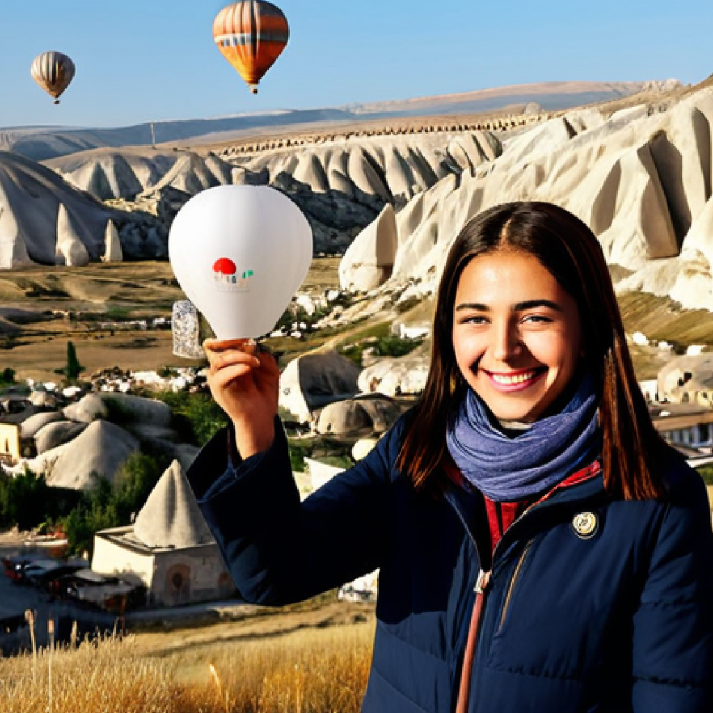 Personalized Travel Experience**

A young woman with a joyful expression, fully clothed in modest outdoor attire, receives a small, personalized gift from a friendly hotel concierge in Cappadocia, Turkey, with hot air balloons rising in the background. The scene showcases warm, natural lighting. Safe for work. Appropriate content. Professional photography. Perfect anatomy, correct proportions, natural pose.

**