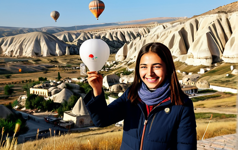 Personalized Travel Experience**

A young woman with a joyful expression, fully clothed in modest outdoor attire, receives a small, personalized gift from a friendly hotel concierge in Cappadocia, Turkey, with hot air balloons rising in the background. The scene showcases warm, natural lighting. Safe for work. Appropriate content. Professional photography. Perfect anatomy, correct proportions, natural pose.

**