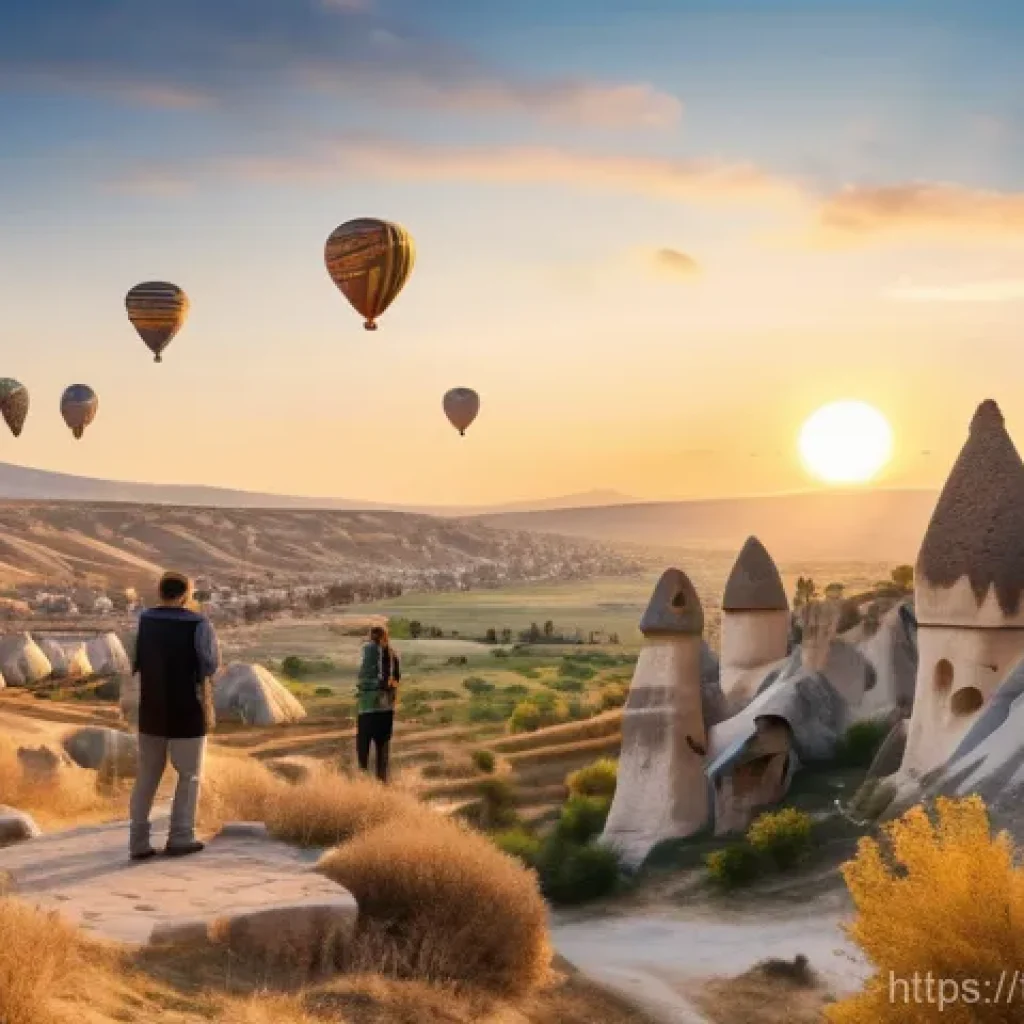 관광학 기초 이론 - A vibrant outdoor scene in Cappadocia, Turkey. Hot air balloons of various colors gently ascend over...