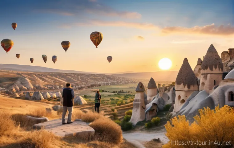 관광학 기초 이론 - A vibrant outdoor scene in Cappadocia, Turkey. Hot air balloons of various colors gently ascend over...