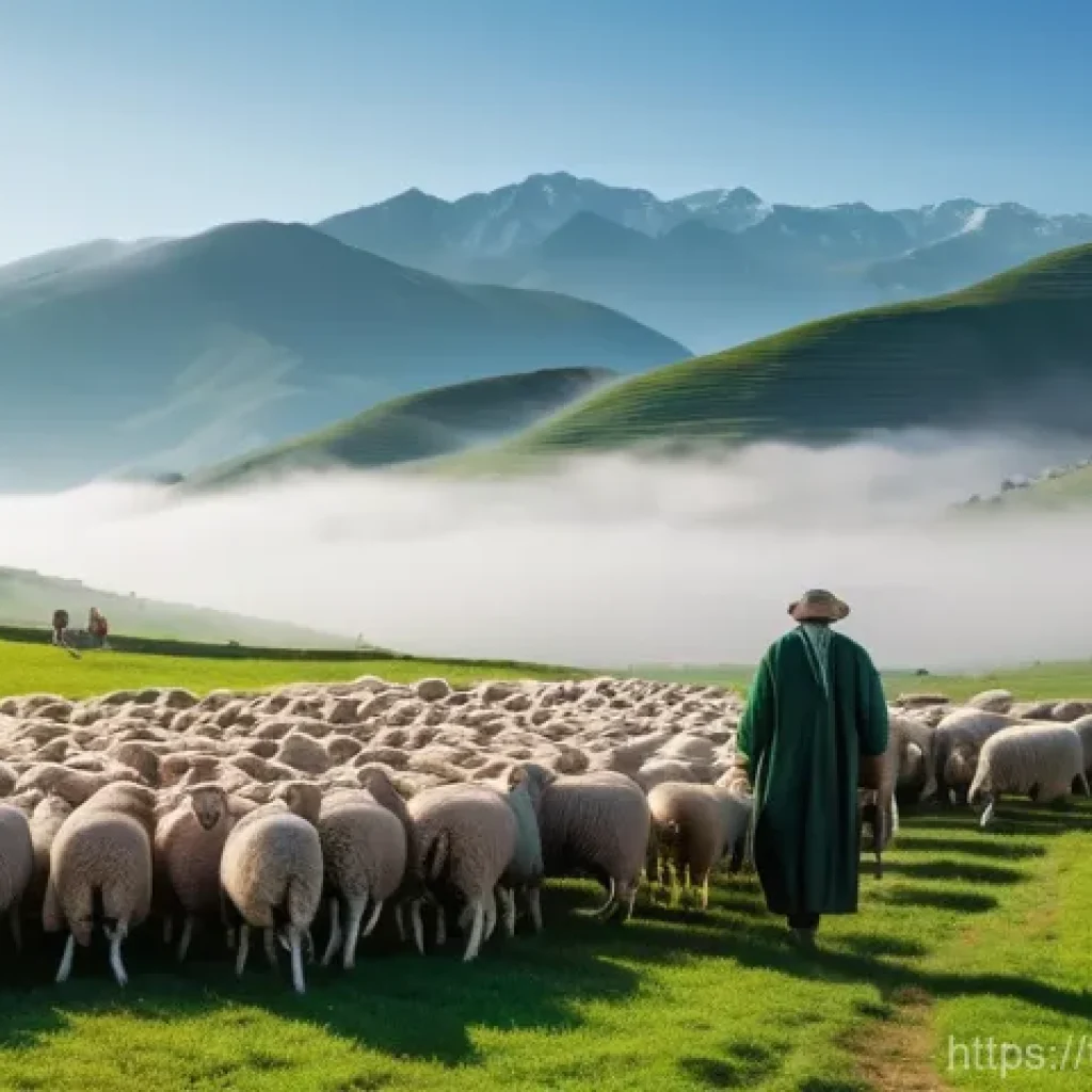 지역 관광 - A cheerful shepherd, dressed in practical, modest traditional clothing, tends to a flock of sheep on...