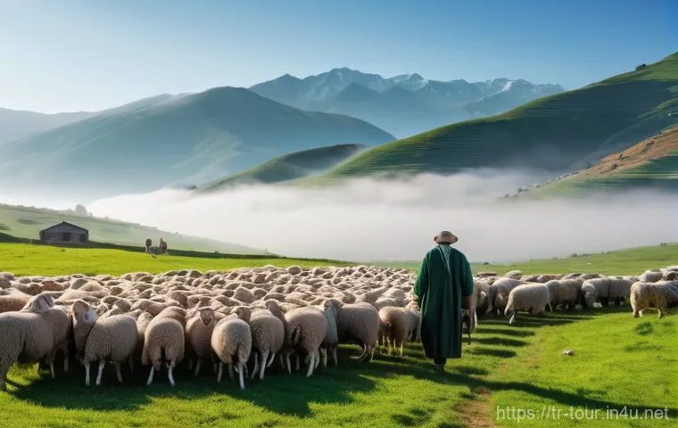 지역 관광 - A cheerful shepherd, dressed in practical, modest traditional clothing, tends to a flock of sheep on...
